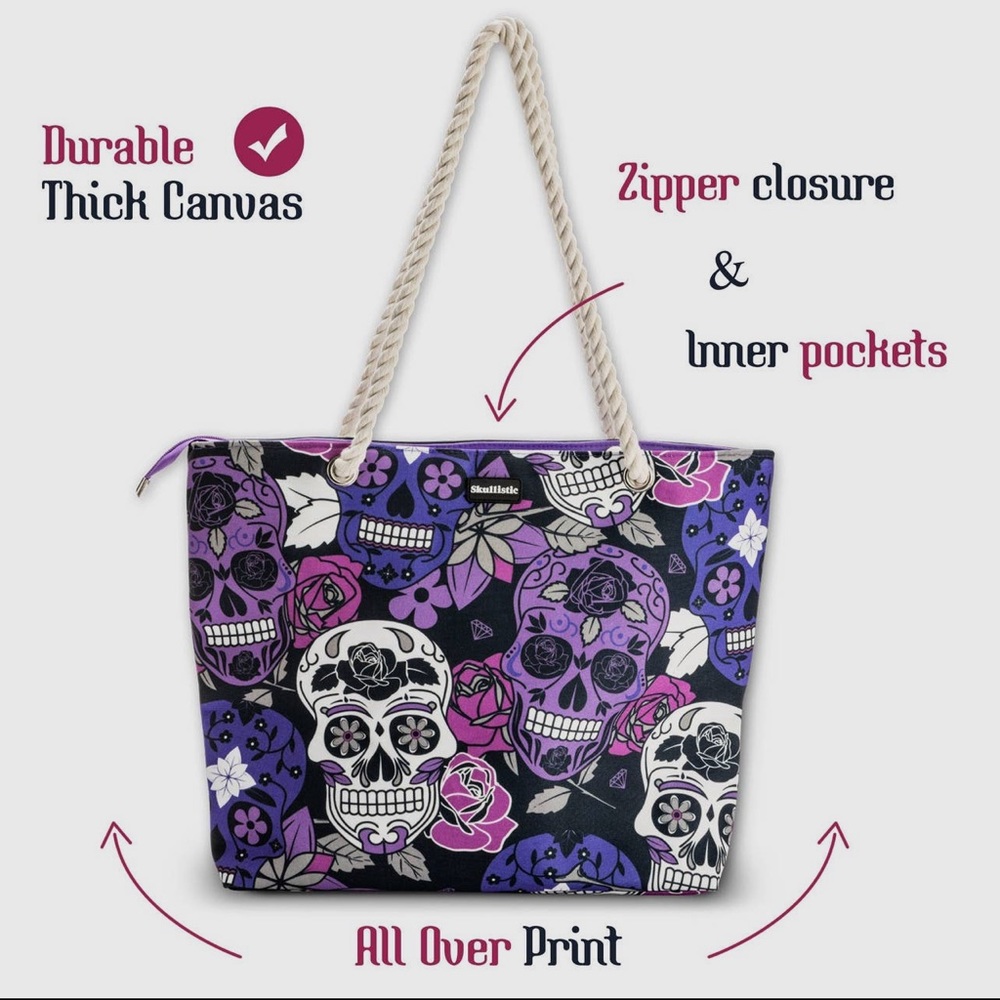 Large canvas tote bag. Brand:Skullistic,colors: purple, pink and black - Picture 2 of 6